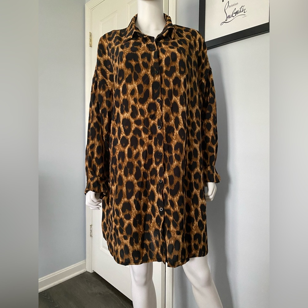 Women’s SHEIN Leopard Print Shirt Collar Long Sleeve Dress
